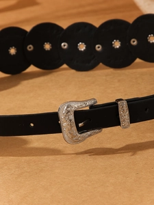 Close-up of black PU leather belt featuring vintage silver buckle and floral engravings