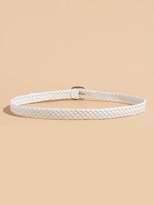 Detailed view of white woven belt featuring a silver metal buckle and intricate textures