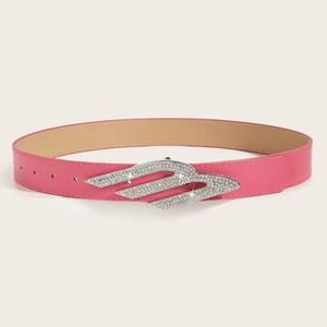 Hot pink PU leather belt for women with rhinestone-encrusted silver wing buckle
