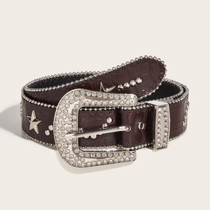 Detailansicht des Krokodil-Ledergürtels mit Strass-Schnalle und silbernen Sternnieten