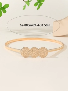 Detail of gold metal spring belt with three round relief buckles for women, 62-80cm size