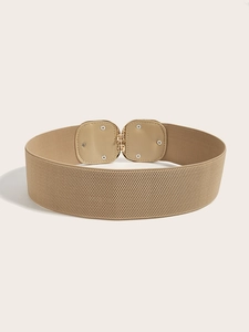 Detail of beige elastic wide waist belt featuring a gold metal buckle and leather trim
