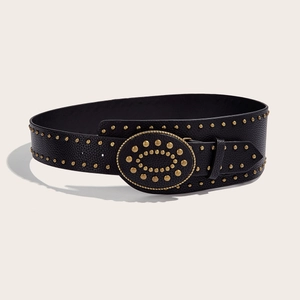 Ceinture femme vintage en similicuir avec clous dorés et grande boucle ovale