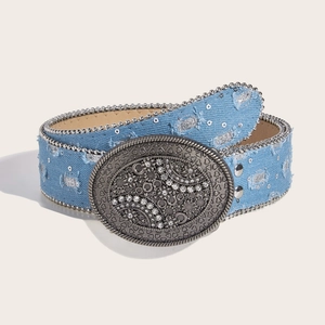 Vintage lichtblauwe spijkerriem met hartgravure strassgesp en lovertjes details voor dames