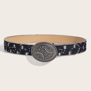Vintage Y2K riem met denim textuur, zilveren lovertjes en gegraveerde strass-gesp