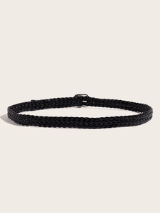 Detailed view of black woven leather belt featuring a sleek silver metal buckle closure