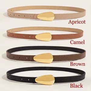 Detail view of slim leather belts with golden water drop buckles in four various colors