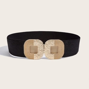 Women's wide elastic waist belt with decorative gold hammer-textured metal buckle