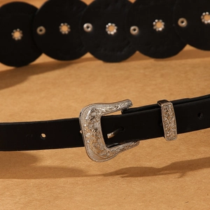 Retro PU leather belt with vintage floral engraved silver buckle and decorative metal loop