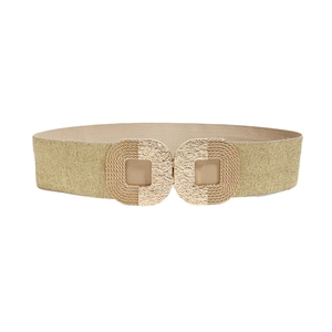 Women's gold elastic wide waist belt with metallic finish and textured square buckles