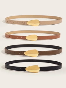 Detail view of thin women belts set with golden water drop buckles in four colors