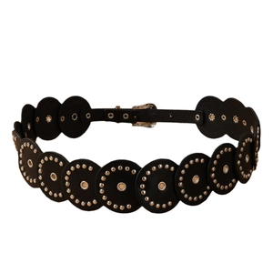 Retro bohemian PU leather belt with hollow circles and decorative metal studs for women