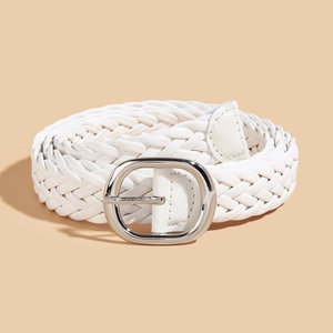 White woven minimalist belt for women with elegant oval silver metal buckle