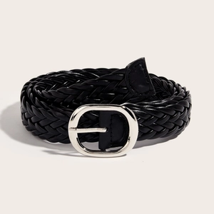 Women's black woven belt with silver oval buckle for dresses and vintage outfits