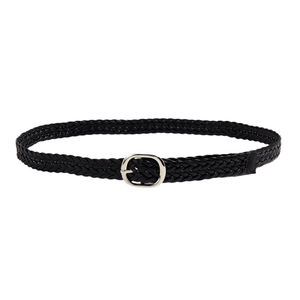 Women's black woven leather belt featuring an oval silver metal buckle on white background