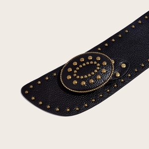 Ceinture large en cuir noir pour femme avec clous rétro en laiton et boucle ovale