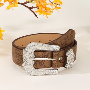 Cintura vintage in pelle marrone goffrata da donna con fibbia a farfalla in strass