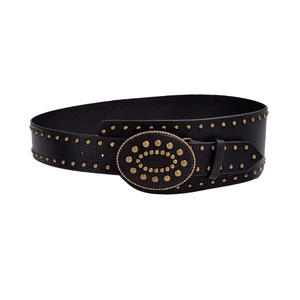 Ceinture rétro en cuir PU noir avec rivets dorés et grande boucle ovale pour femme