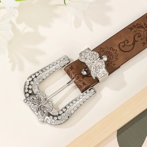 Cintura vintage da donna in pelle con fibbia a farfalla e decorazioni floreali