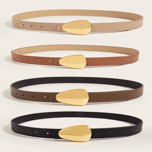 Women's Korean Style PU Leather Thin Belt With Gold Polished Waterdrop Alloy Buckle Retro Versatile Waist Strap For Jeans Pants
