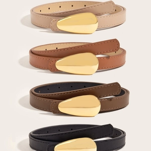 Set of four slim faux leather belts in neutral colors with golden teardrop metal buckles