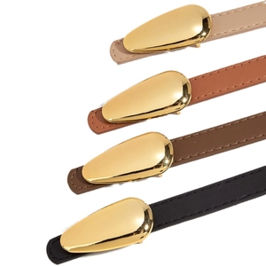Women slim leather belts with polished gold teardrop buckles in four classic colors