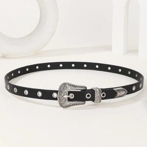 Cintura retrò in pelle nera con fibbia floreale intagliata e occhielli in metallo argento