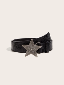 Detail of black faux leather belt with crocodile texture and silver star-shaped buckle