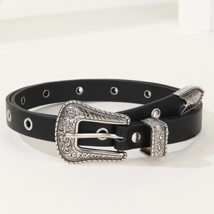 Cintura Western vintage in pelle nera con fibbia incisa e occhielli in metallo argentato