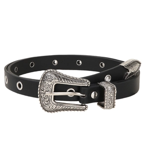 Cintura nera vintage stile western con fibbia incisa e occhielli in metallo su tutta la fascia