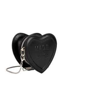 Fashionable heart-shaped black leather mini bag with silver chain and metal zipper