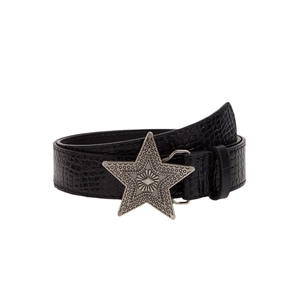 Retro black leather belt with crocodile texture and large silver star metal buckle