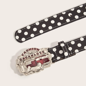 Cintura Y2K marrone con fibbia argento vintage decorata con motivo a bus rosso