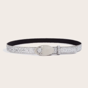 Ceinture femme argentée à paillettes avec grande boucle en métal et bordure perlée chic