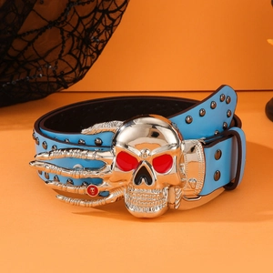 Blue leather punk belt with metal rivets and large silver skull buckle on orange background