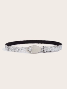 Détails de la ceinture argentée pailletée pour femme avec bordure perlée et boucle ovale