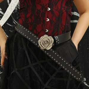 Punk style black leather belt with silver rose buckle and double row metal studs