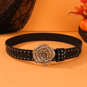 Gothic black leather belt with silver studs and vintage rose buckle on orange background