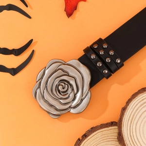 Women's punk leather belt featuring large silver rose buckle and triple row metal studs
