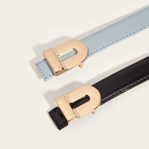 Women's slim leather belts in black and sky blue with gold D-shaped buckles and stitching