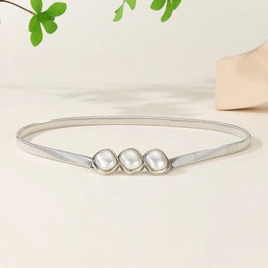 Ceinture femme en métal argenté élastique ornée de trois perles blanches élégantes