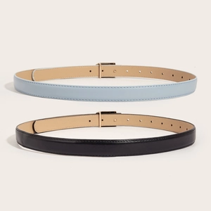 Minimalist women's thin belts in black and light blue with golden buckles