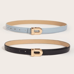 Set of slim women's faux leather belts in light blue and black with gold D-buckle
