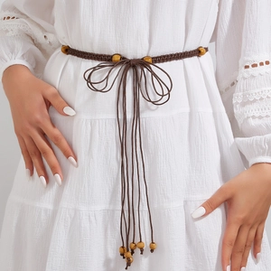 Ceinture tressée bohème Y2K marron foncé avec perles en bois pour robes d'été légères
