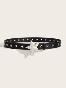 Detail of a punk style black leather belt featuring silver star rivets and a star buckle