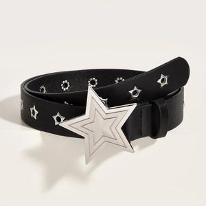 Punk black leather belt featuring a large silver star buckle and metal star eyelets