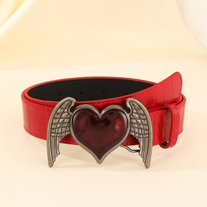 Y2K burgundy heart wing belt with crocodile texture and vintage silver buckle