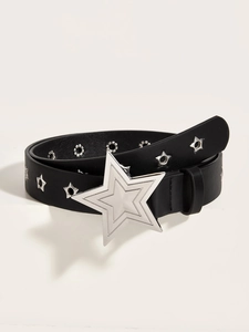 Detail of a punk style black leather belt with silver star buckle and star metal eyelets