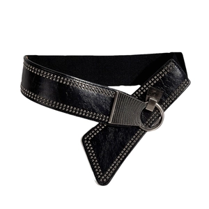 Cintura elastica larga nera in stile punk con borchie vintage e anello in metallo
