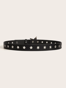 Detail view of black punk belt with silver metal star rivets and durable leather texture